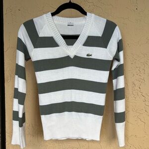Lacoste Women's V-Neck Sweater - Green and White Stripes